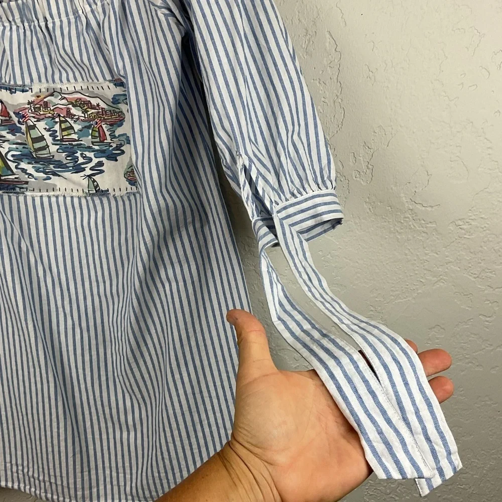 Candalite Petite Striped Off-Shoulder Tunic Top Nautical Print Tie Sleeve Sz XLP - Picture 4 of 6